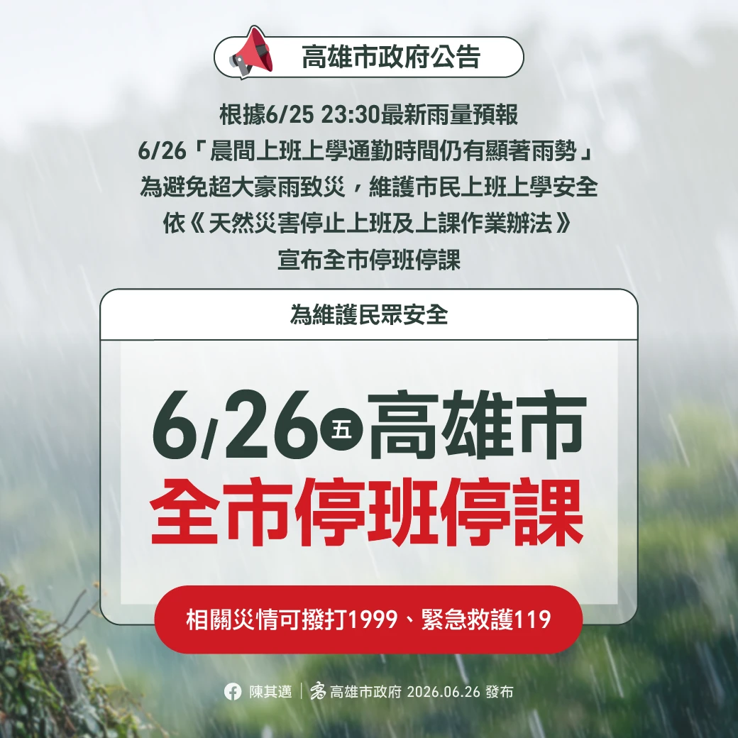 台南、高雄人注意！今天停班停課　留意暴雨勿出門