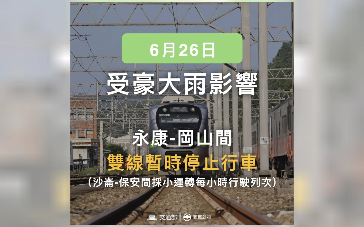 台鐵台南部分車站淹水！永康=岡山今晨停駛　彰化以南改搭高鐵