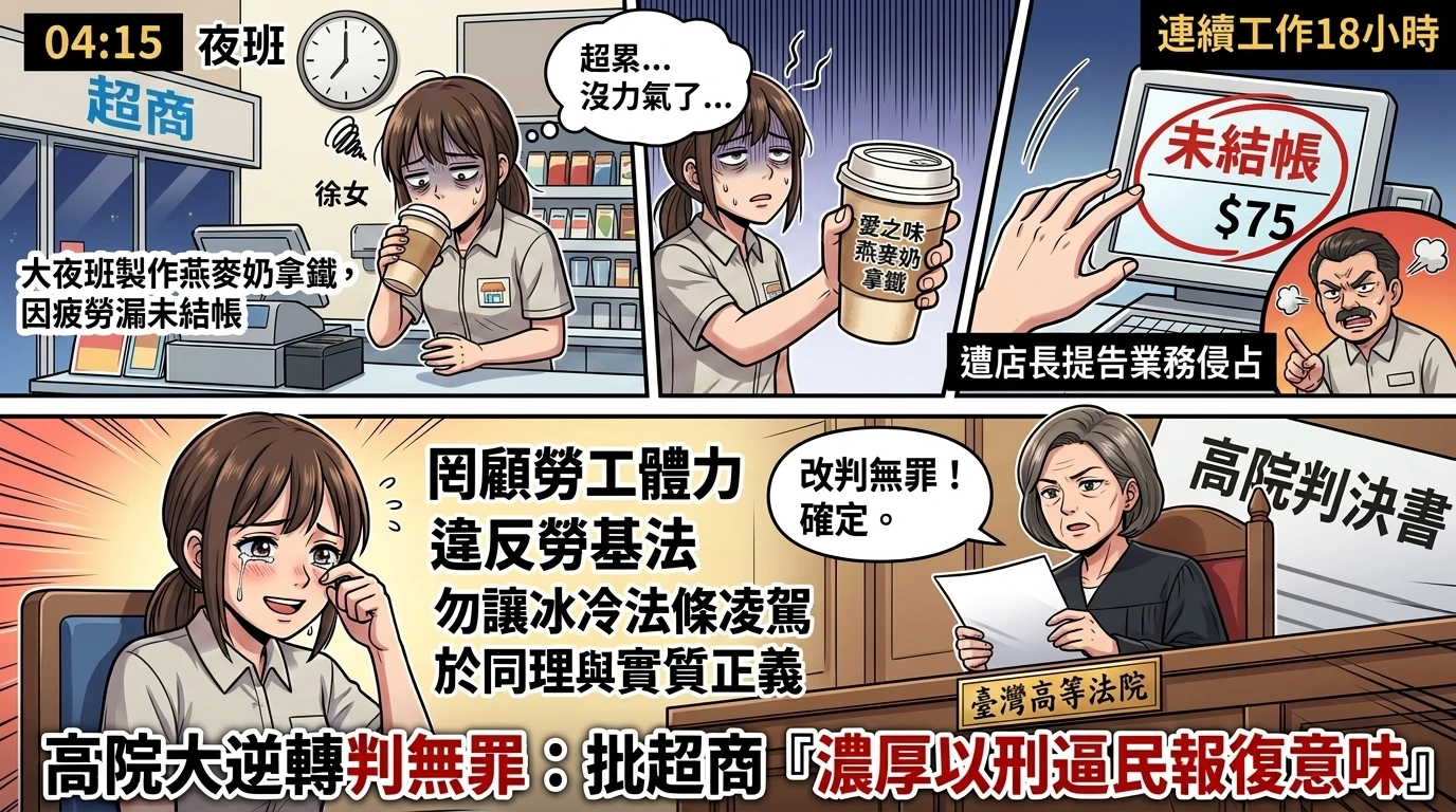 高院替超商大夜班叫屈！喝拿鐵漏結帳被告　法官點破「萬能店員」過勞悲歌