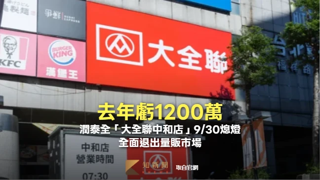 去年虧1200萬！潤泰全「大全聯中和店」9/30熄燈　全面退出量販市場
