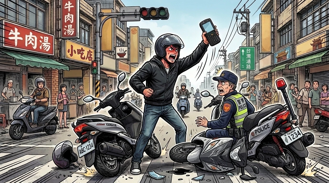 騎士拒檢闖紅燈急逃！遭攔下竟暴走襲警推倒警車　下場慘了　