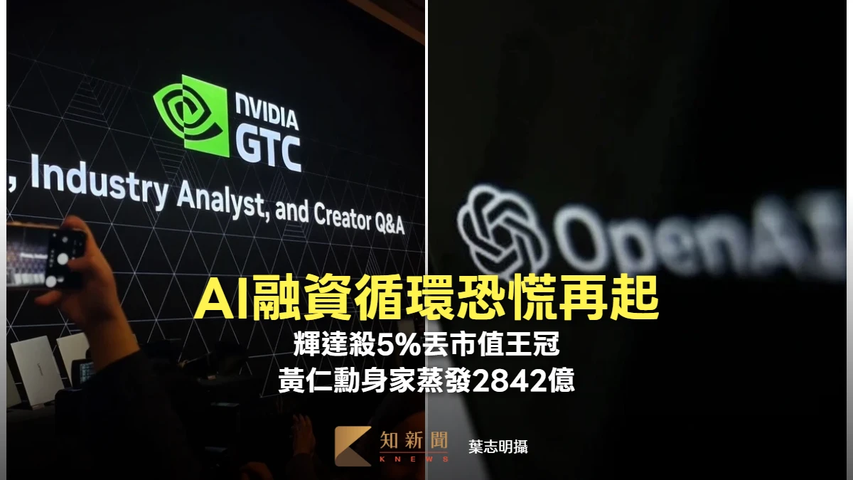 AI融資循環恐慌再起！輝達殺5%丟市值王冠　黃仁勳身家蒸發2842億