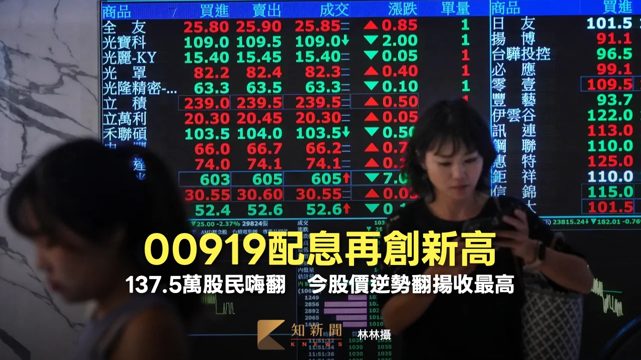 00919配息再創新高！137.5萬股民嗨翻　今股價逆勢翻揚收最高