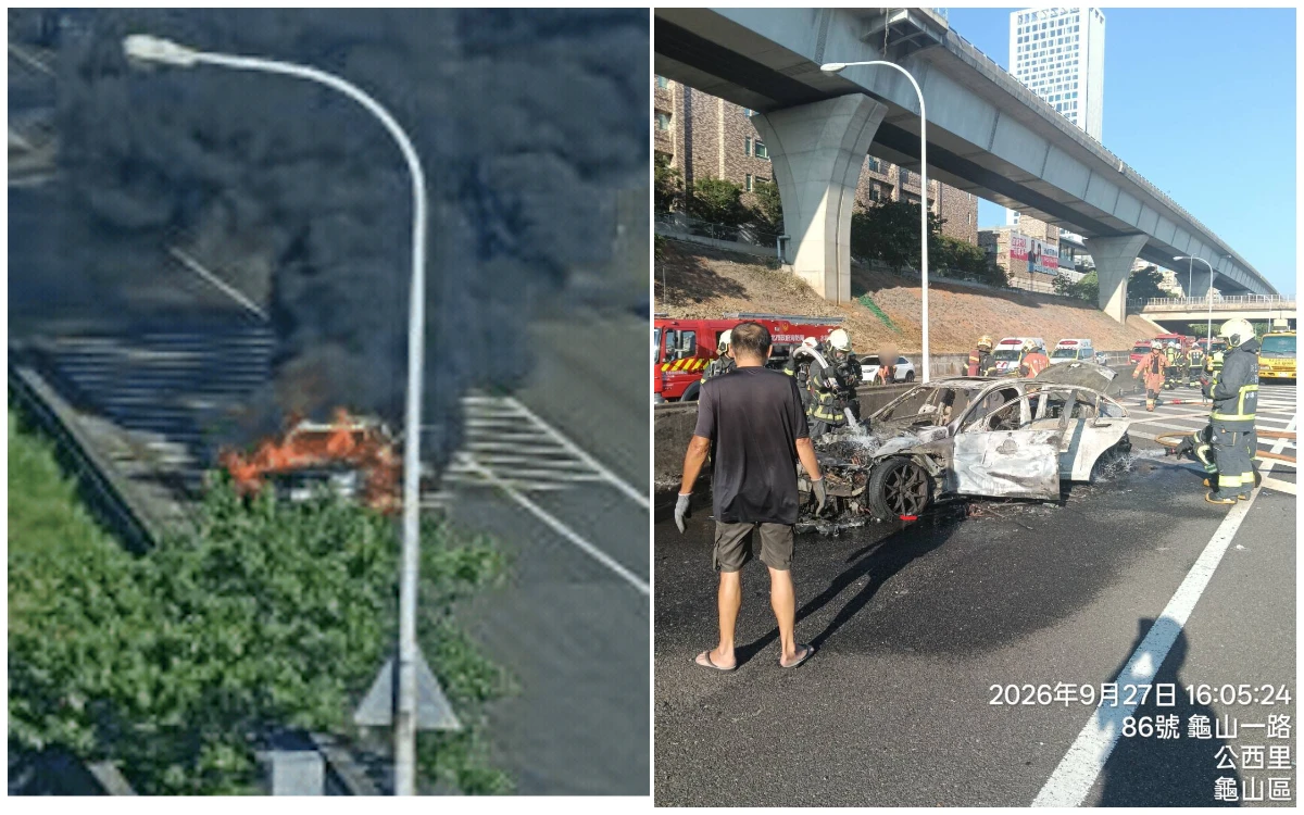 驚險瞬間！國一南向41.6K車竄濃煙　3人才下車車身燒成廢鐵