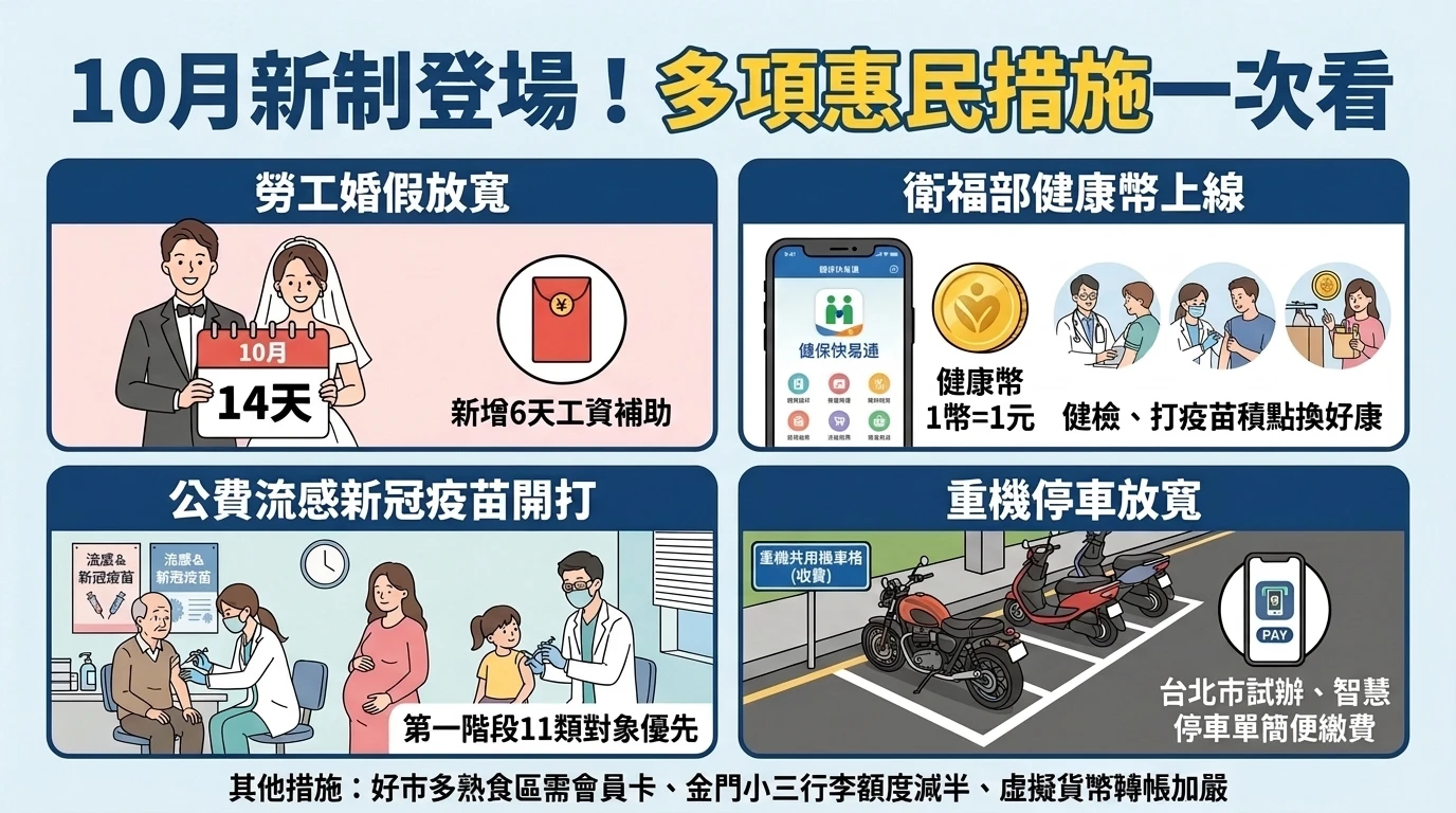 10月新制登場！婚假放寬至14天　健康幣公費疫苗開打重機停車放寬一次看