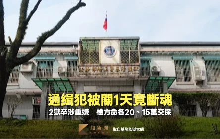 基隆通緝犯被逮關1天斷魂！2獄卒涉重嫌　檢方訊後命各20、15萬交保