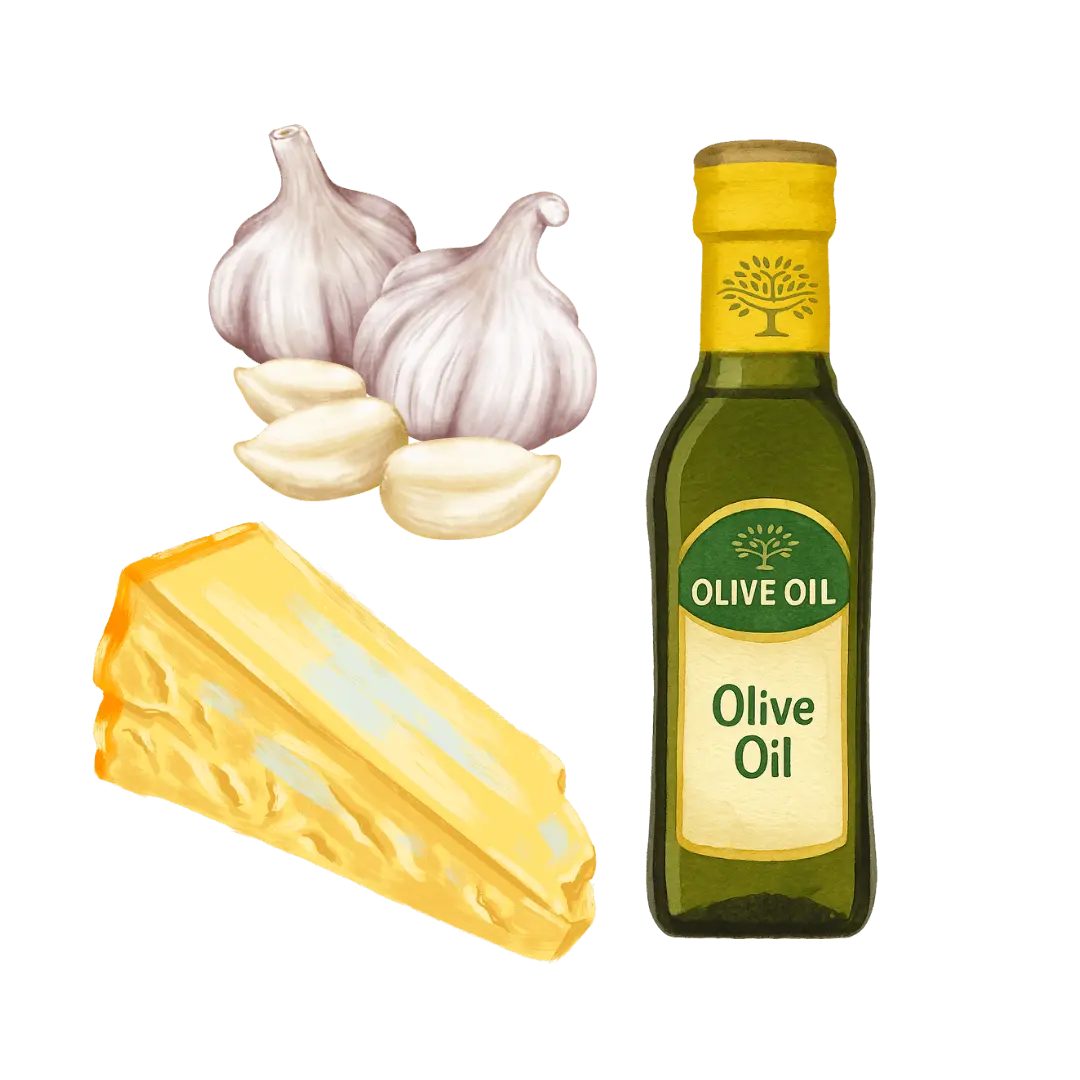 蒜頭、橄欖油、帕瑪森起司